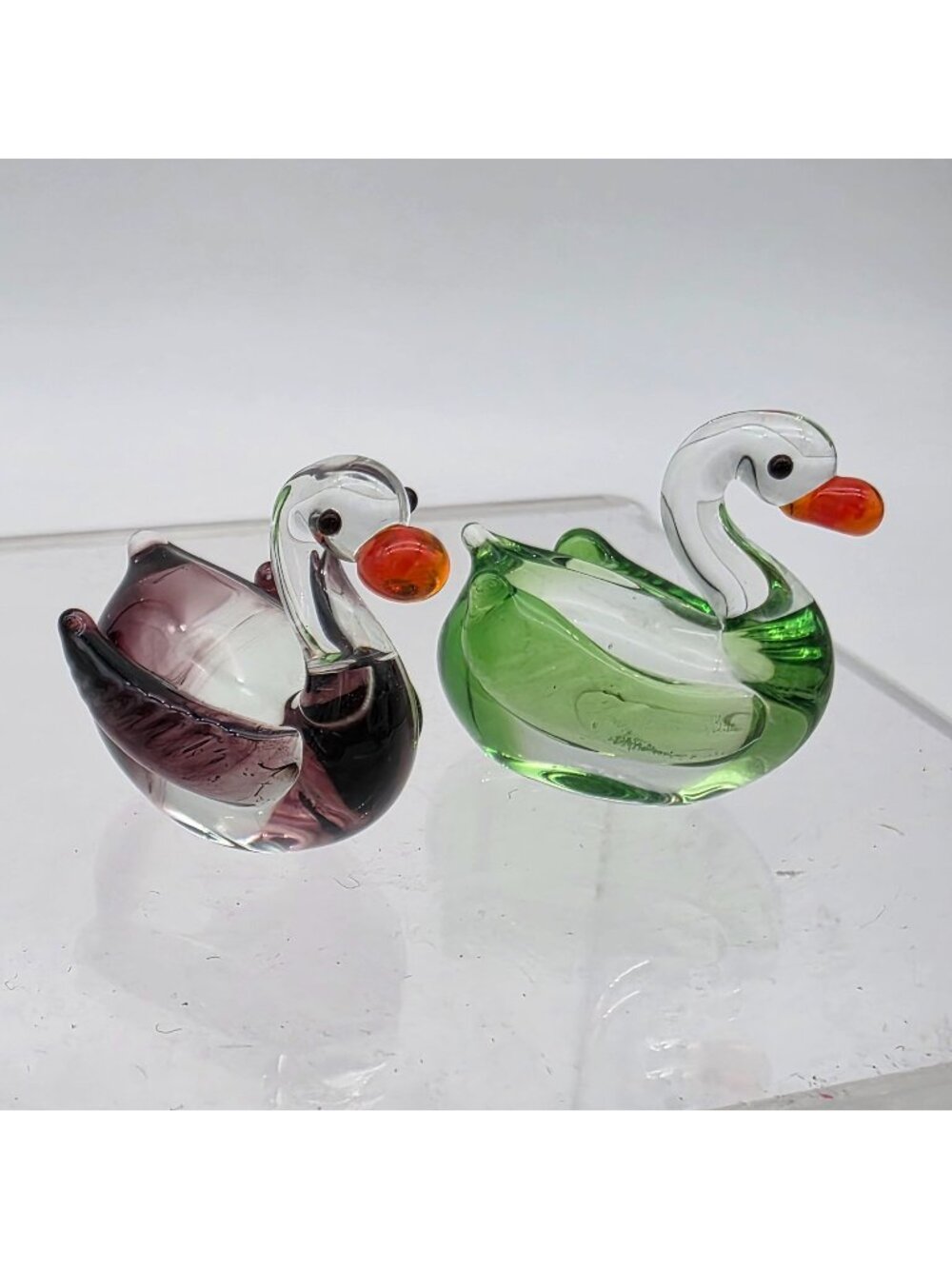 Miniature Hand Blown Glass Duck Figurines Green & Purple With Orange Beaks 1"